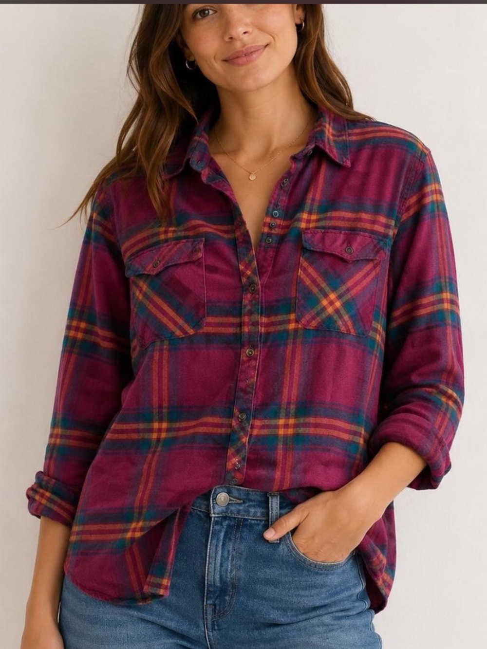 Natural Reflections Burgundy Plaid Flannel Button Down Long Sleeve Shirt